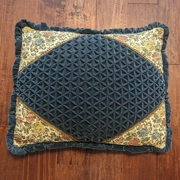 Antique Blue Handcrafted Brocade Tufted Ruffles Velvet Silk Tapestry Pillow 25"L - Picture 1 of 2